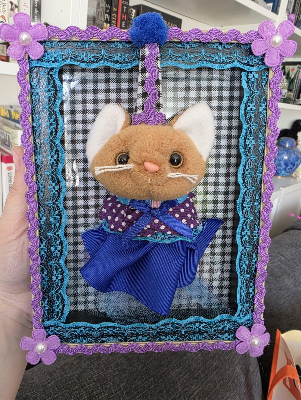 Handmade Plush Cat Ornament in Blue & Purple Frame